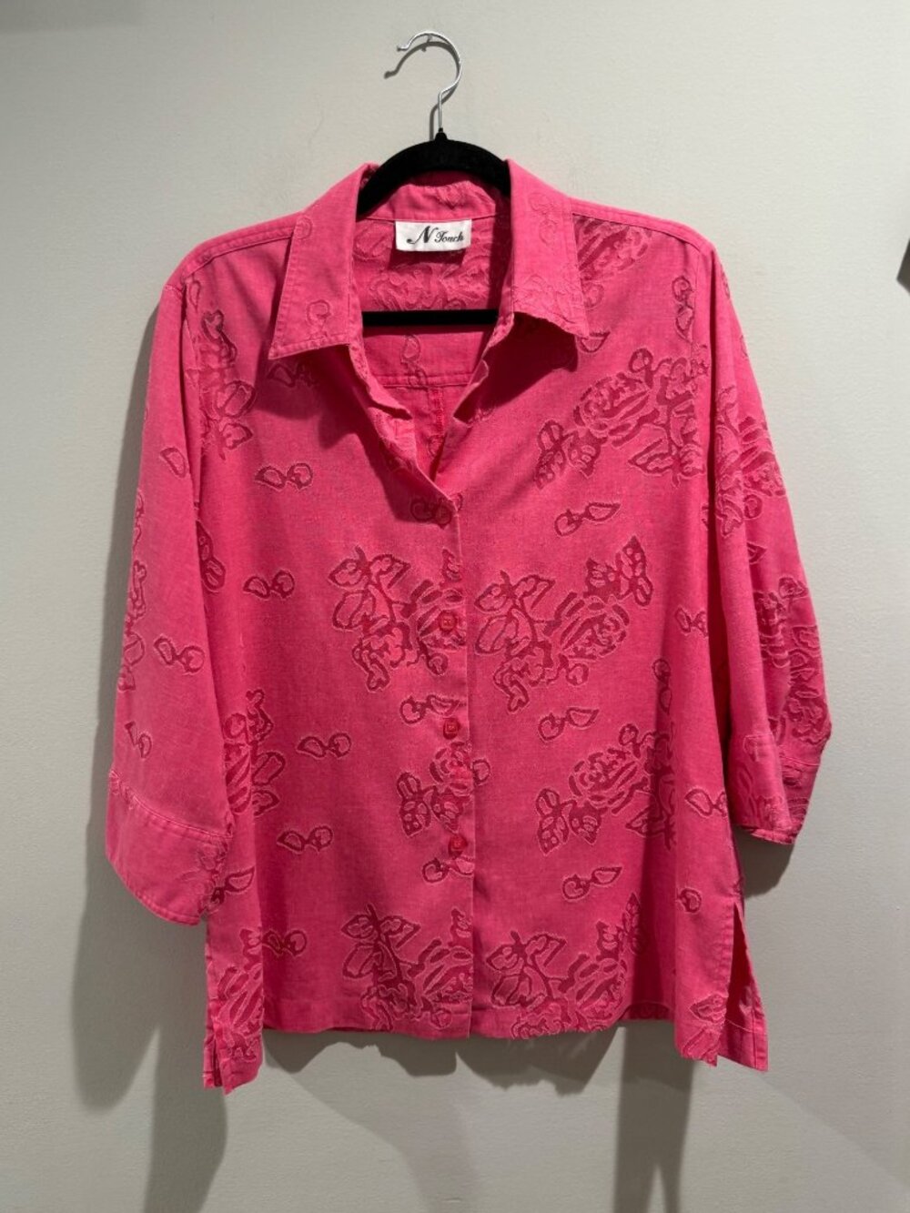 Vintage 90s Y2K N Touch Hot Pink Embroidered Floral Blouse Size XL